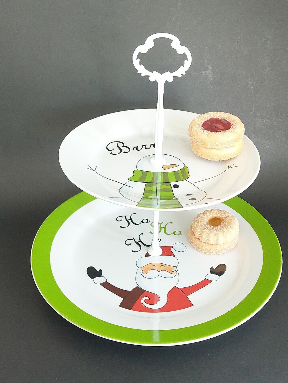 Whimsical 2 Tier Christmas Cake Stand | Porcelain Santa Snowman Holiday Cookie S